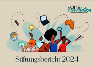 Die Zeichnung zeigt das Deckblatt des Stiftungsberichts 2024. Es sind vier Personen abgebildet, die unterschiedliche Gegenstände in der Hand halten. 