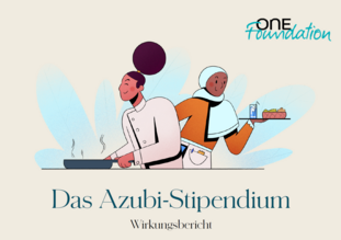 Deckblatt Wirkungsbericht Das Bild zeigt das Deckblatt des Wirkungsberichts zum Azubi-Stipendium. Man sieht zwei Personen aus dem Service-Bereich, die etwas servieren.